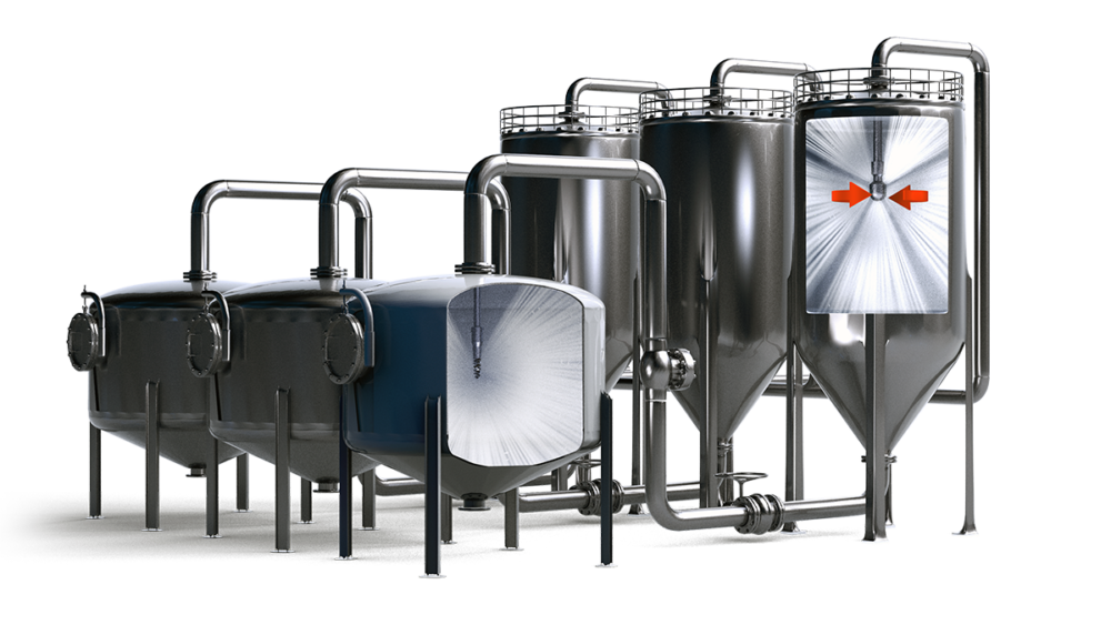 The picture shows a rotating tank cleaning machine spraying liquid to clean the tank.